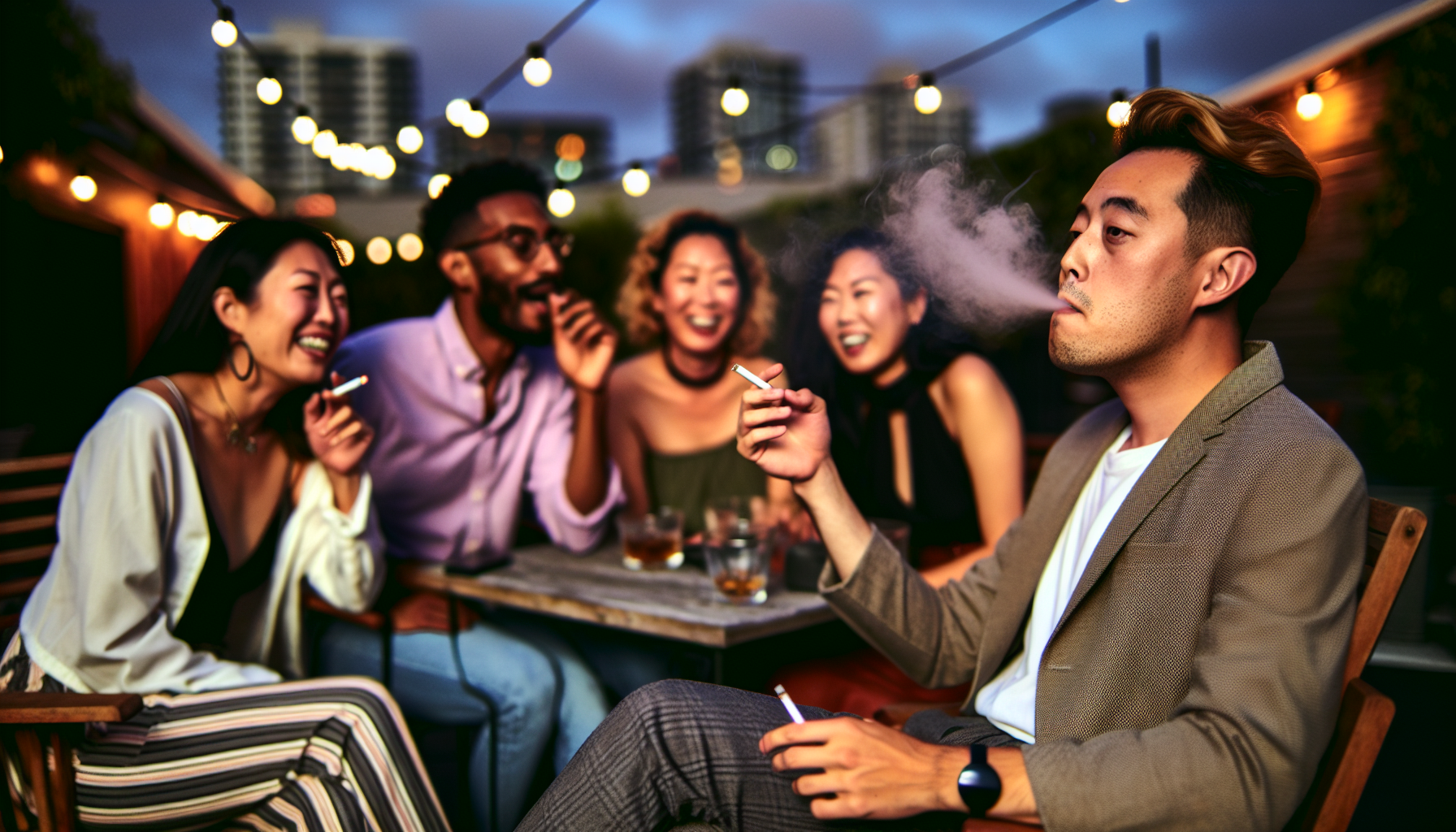 A group of people sitting together, with one person smoking a cigarette