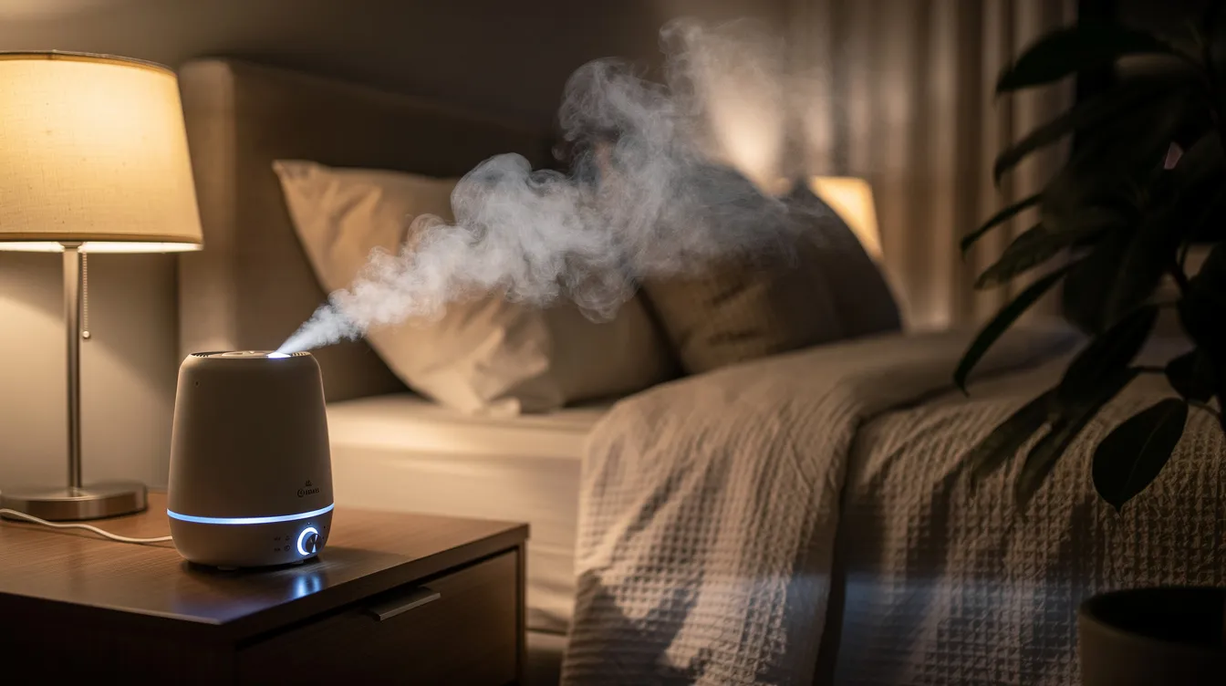 A humidifier is releasing a gentle mist in a cozy bedroom, helping to combat dry air that can lead to dry flaky skin and other skin conditions. This soothing mist promotes skin health by adding moisture to the environment, which is especially beneficial for those with sensitive or excessively dry skin.
