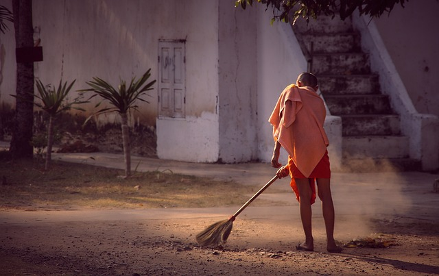 monk, monastery, sweep