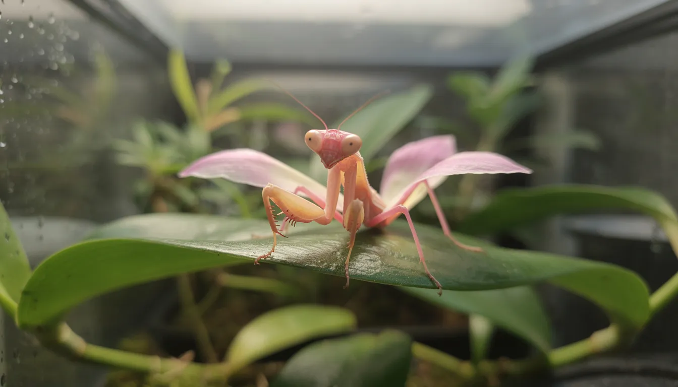 A vibrant orchid mantis, with its striking colors, is delicately perched on a lush green leaf inside a terrarium, showcasing the beauty of pet invertebrates. This species adds a unique touch to any collection, perfect for enthusiasts looking to order from the UK's online invertebrate superstore.