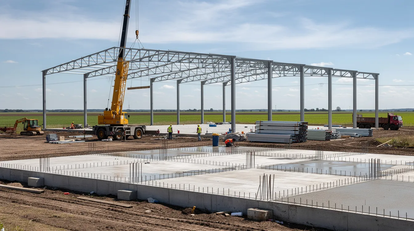 The image depicts a construction site for a large agricultural warehouse, featuring a robust concrete foundation and a steel structural framework being erected in an open field. This facility is part of a grain storage project aimed at enhancing food security and reducing post-harvest losses for farmers in India.