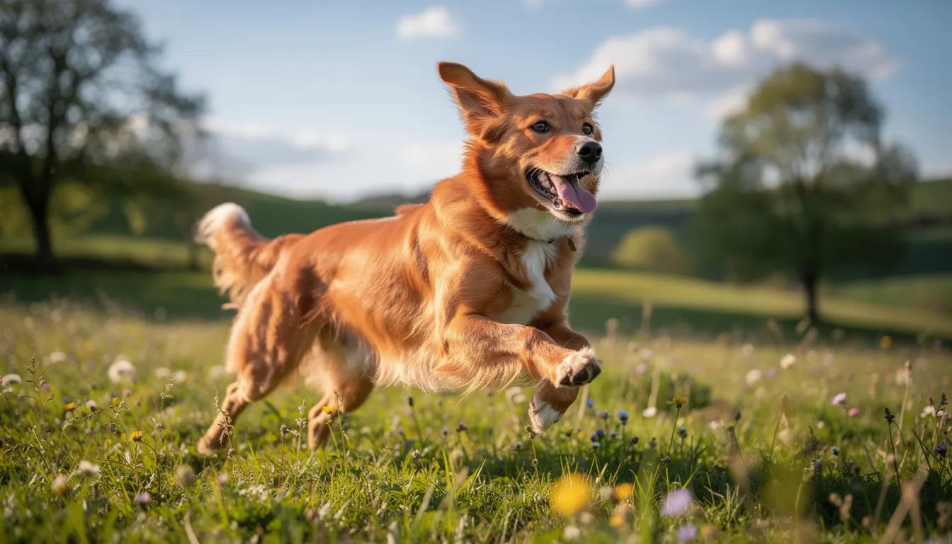 Na łące biega szczęśliwy, aktywny pies, ciesząc się świeżym powietrzem i przestrzenią do zabawy. Jego radosne skoki i energiczne ruchy pokazują, jak ważne jest prowadzenie normalnego życia dla zdrowia psa.