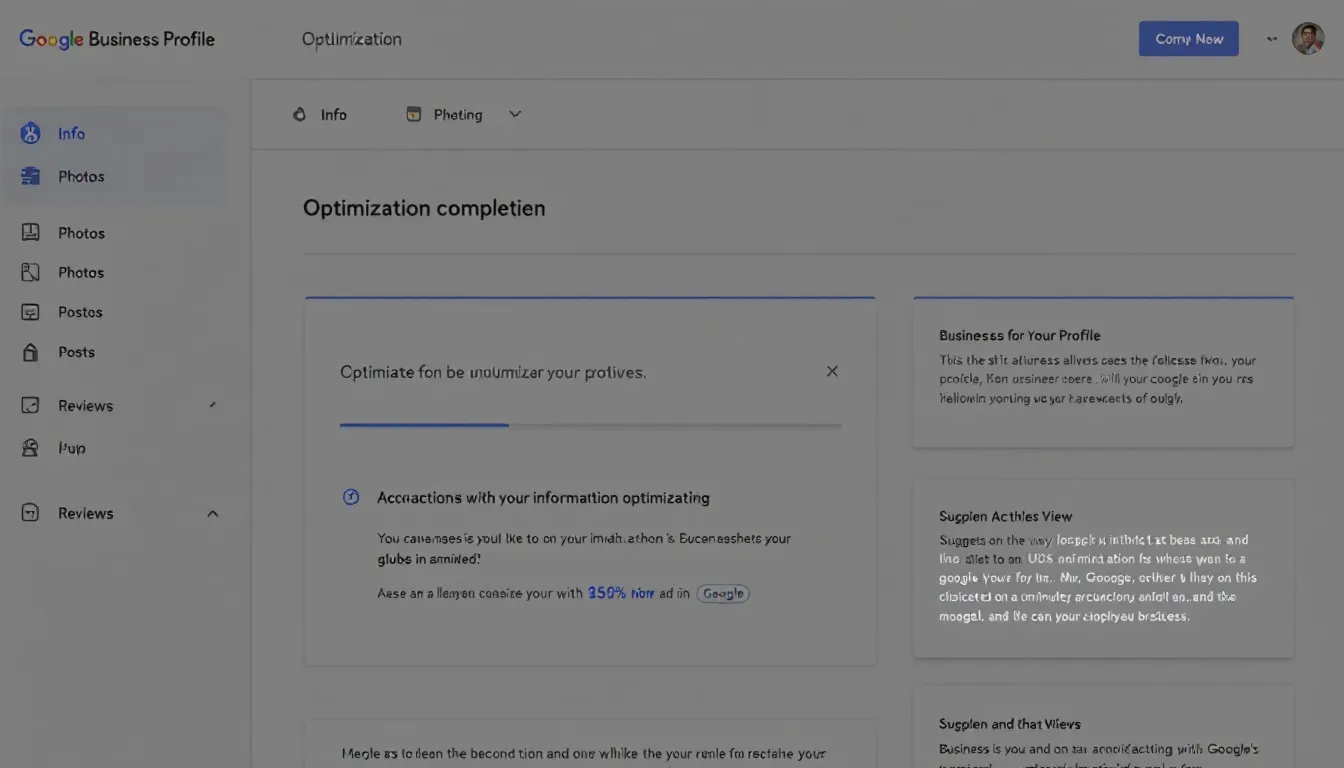 The image depicts a Google Business Profile dashboard showcasing various optimization features, including completion progress indicators for business information, business hours, and customer messages, aimed at helping businesses rank higher in local search results and attract more customers. Key elements such as the business name, primary category, and options to post photos and respond to reviews are also visible, emphasizing the importance of maintaining an up-to-date and complete business profile on Google.