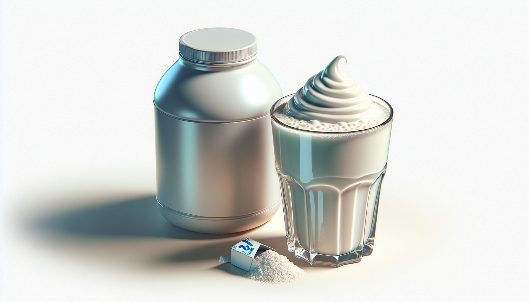 An artistic representation of a protein shake with protein container