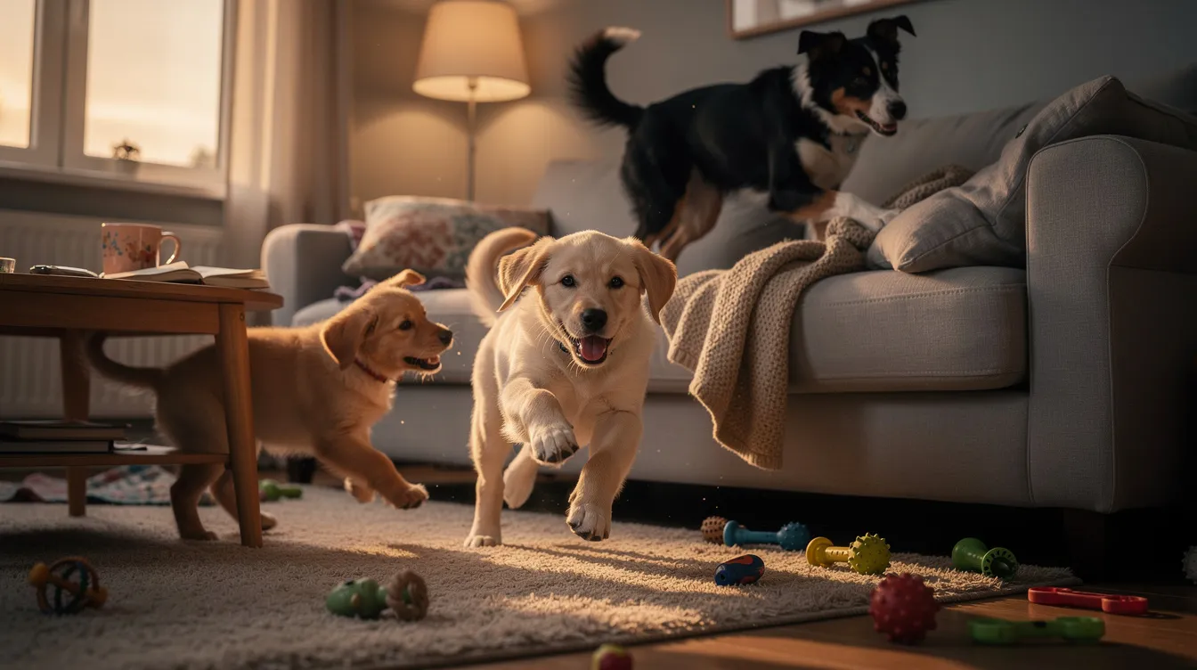 A playful puppy is energetically bounding around a cozy living room during the evening, showcasing its pent-up energy as it engages in rough play with a chew toy. The warm lighting creates a calming atmosphere, perfect for managing the puppy's excitement and encouraging a peaceful bedtime routine.