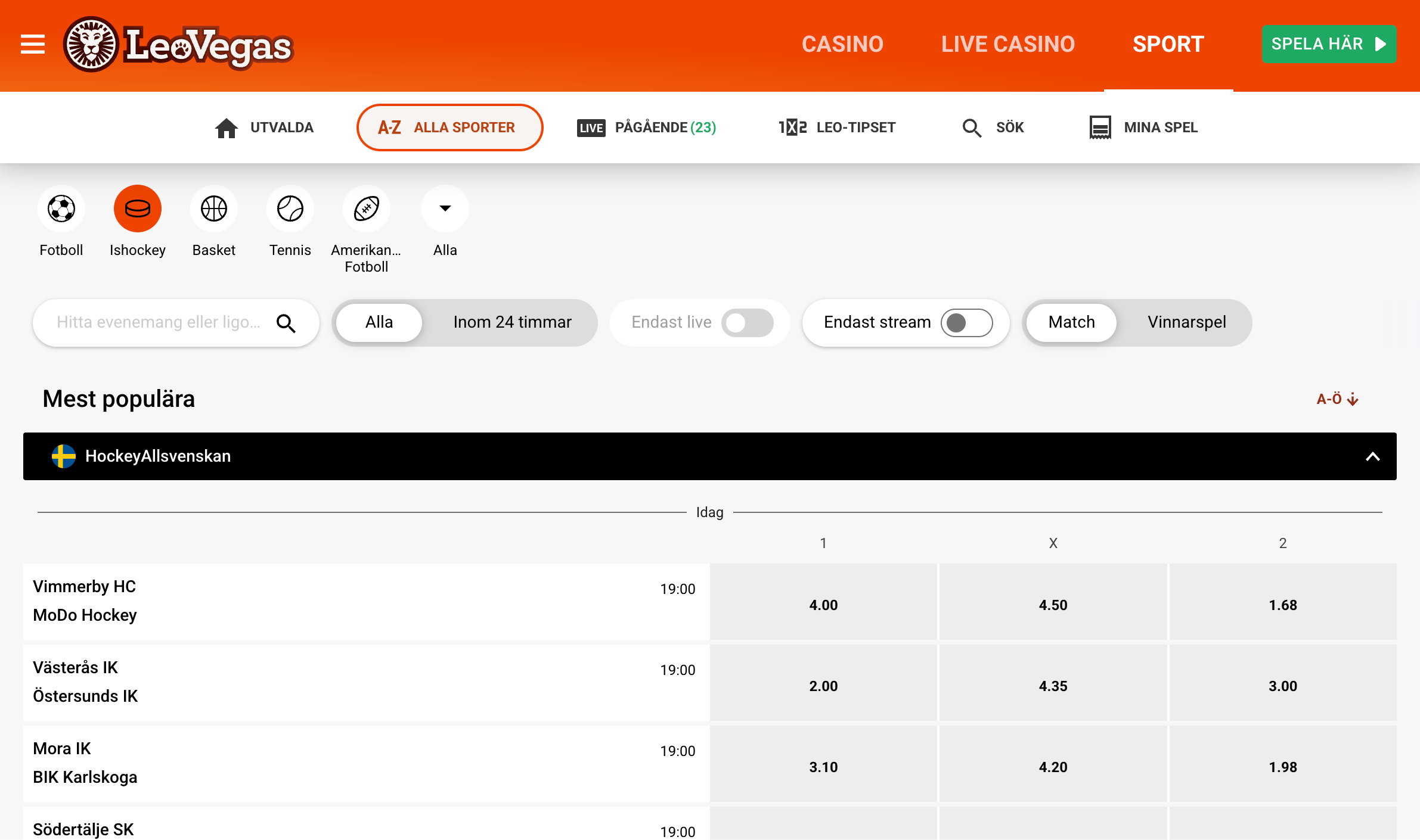 leovegas shl betting