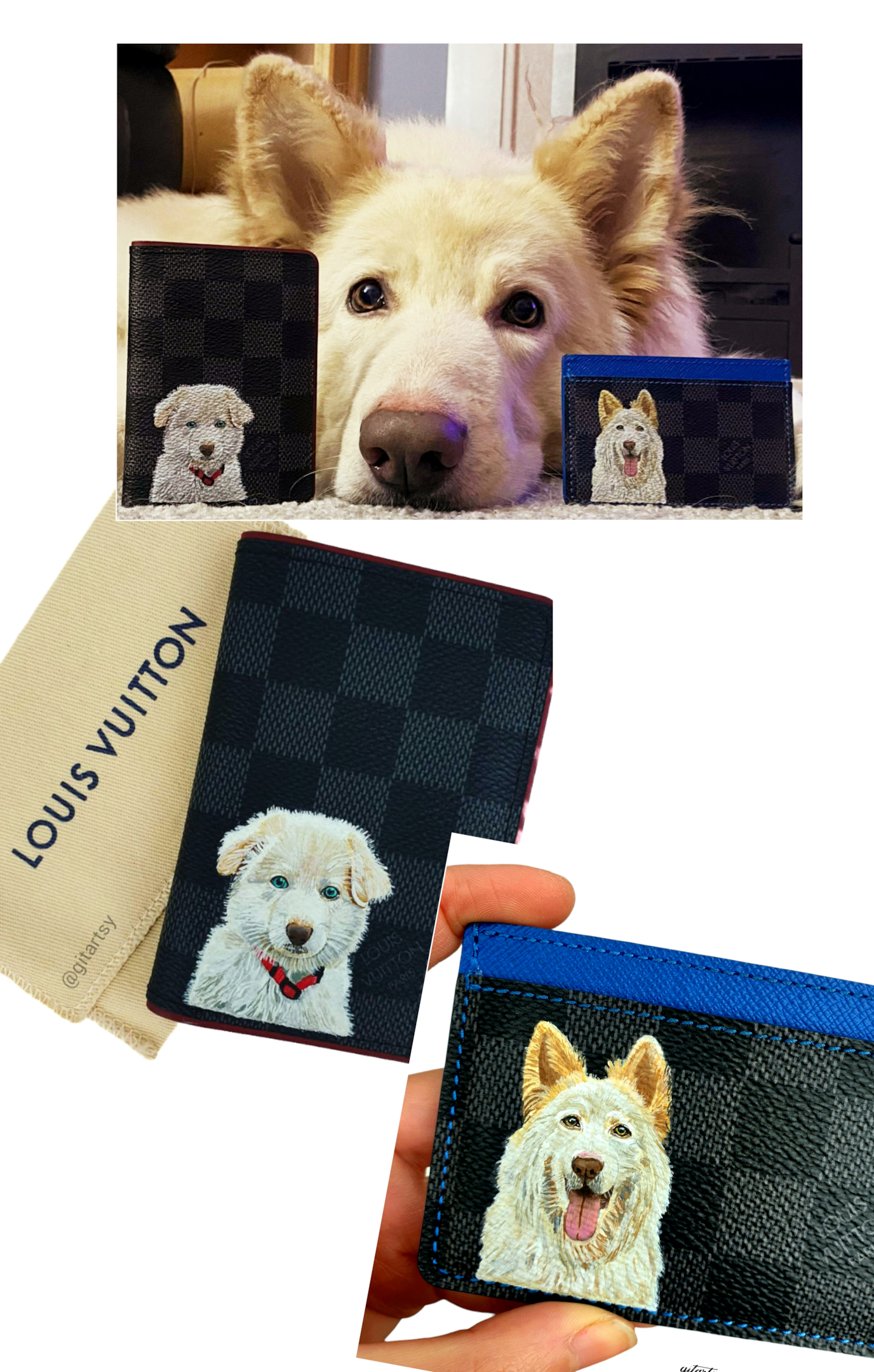 pet dog with hand painted Louis Vuitton wallets 