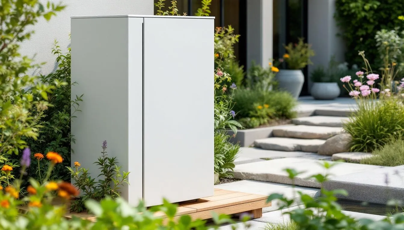 A repurposed sauna heater being used creatively in a garden.