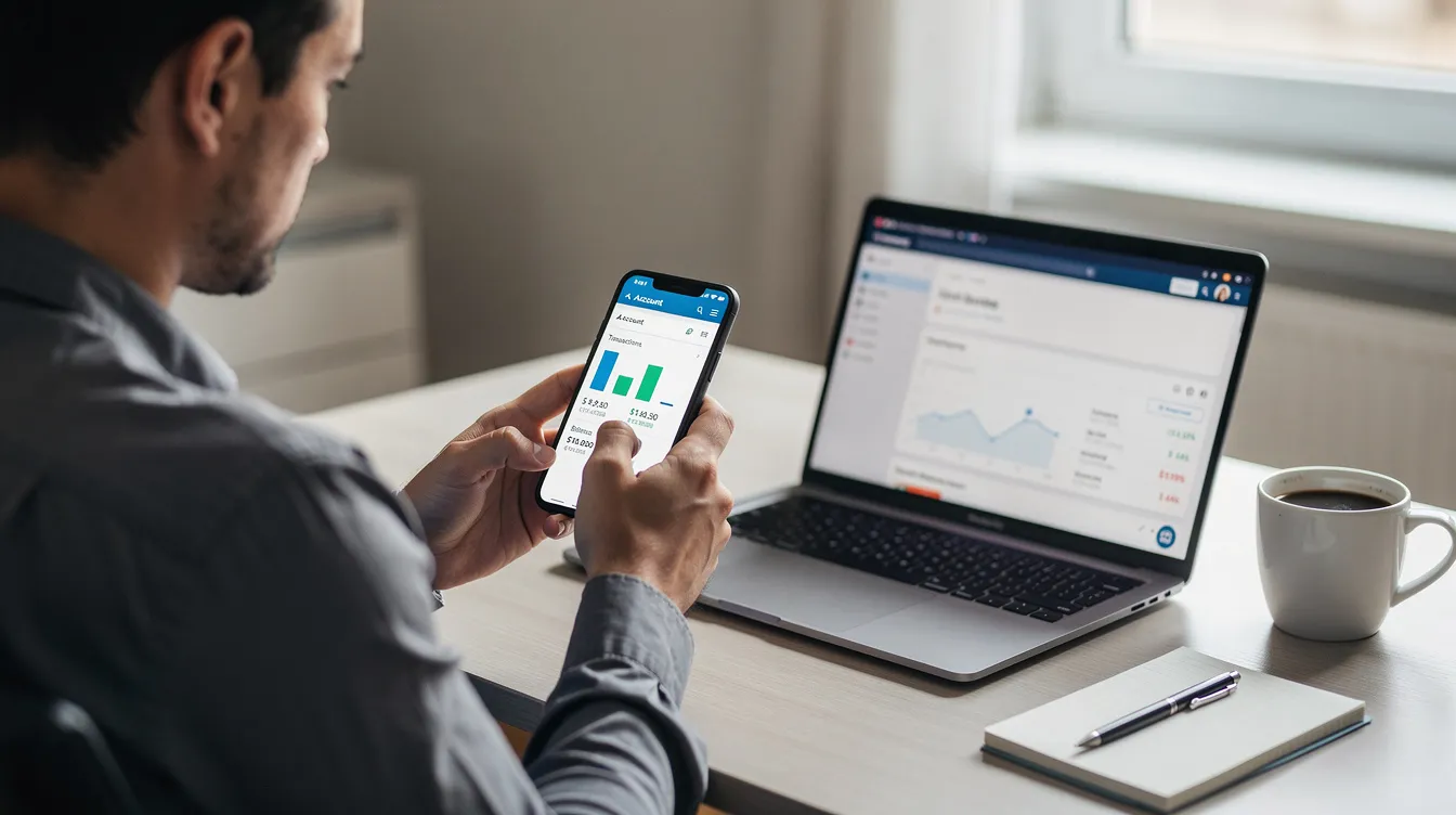 An individual is seated at a desk using a smartphone to check their banking details, with a laptop open nearby. The scene suggests a focus on online banking and international payments, highlighting the ease of managing transactions securely from the comfort of their workspace.