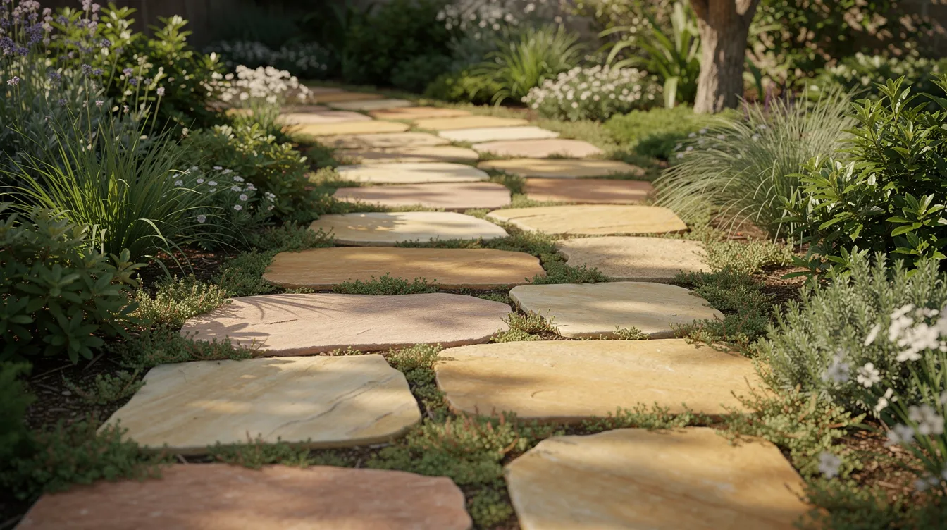 The image features a rustic garden path made of warm sandstone slabs, surrounded by lush green plants, creating a natural stone paving effect. This inviting outdoor space showcases the beauty and durability of outdoor porcelain tiles, perfect for low maintenance landscaping.