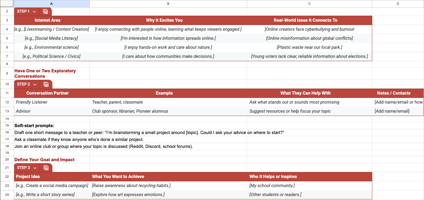 A passion project planning worksheet