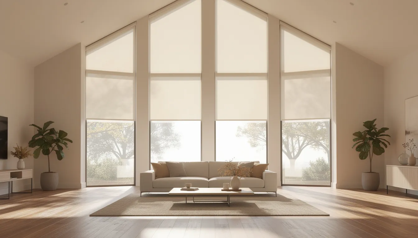The image depicts a bright living room with a vaulted ceiling and tall windows adorned with elegant roller shades, allowing natural light to stream in. The beige walls and airy atmosphere emphasize the ceiling height, creating a polished look in the space.