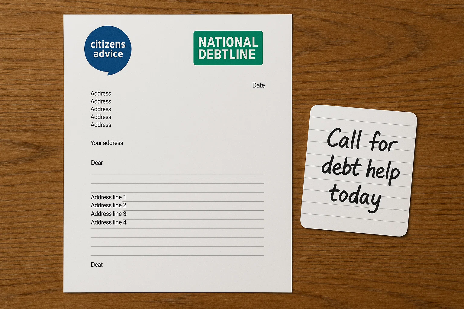 Letterhead from Citizens Advice and National Debtline on a wooden table, shown alongside a handwritten note