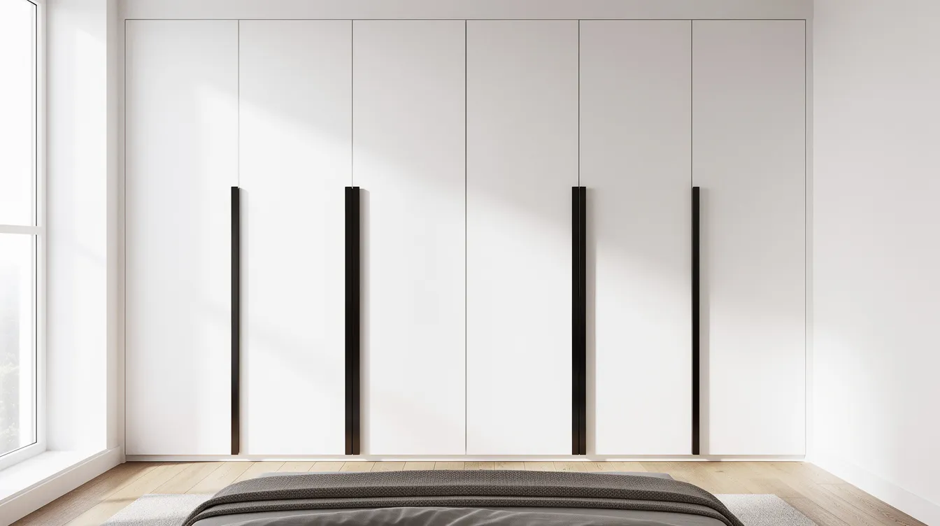 The image features modern white wardrobe doors adorned with sleek matte black vertical handles, set in a bright and inviting bedroom. The stylish door hardware adds a minimalist touch, enhancing the overall aesthetic of the space.