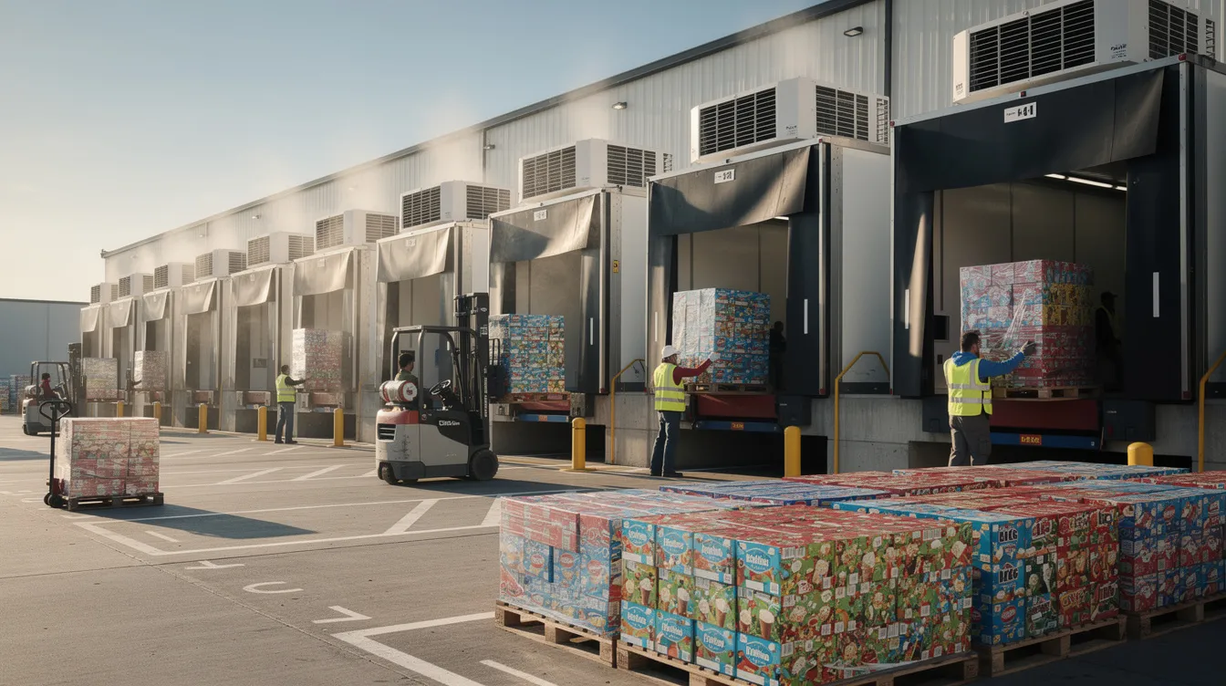 4bae4f10 103e 4b90 8d30 f71757741020 The image shows refrigerated delivery trucks being loaded with ice cream cartons at a warehouse dock, highlighting the logistics of the ice cream industry. This scene emphasizes the importance of cold chain logistics in maintaining the quality of ice cream products during distribution.