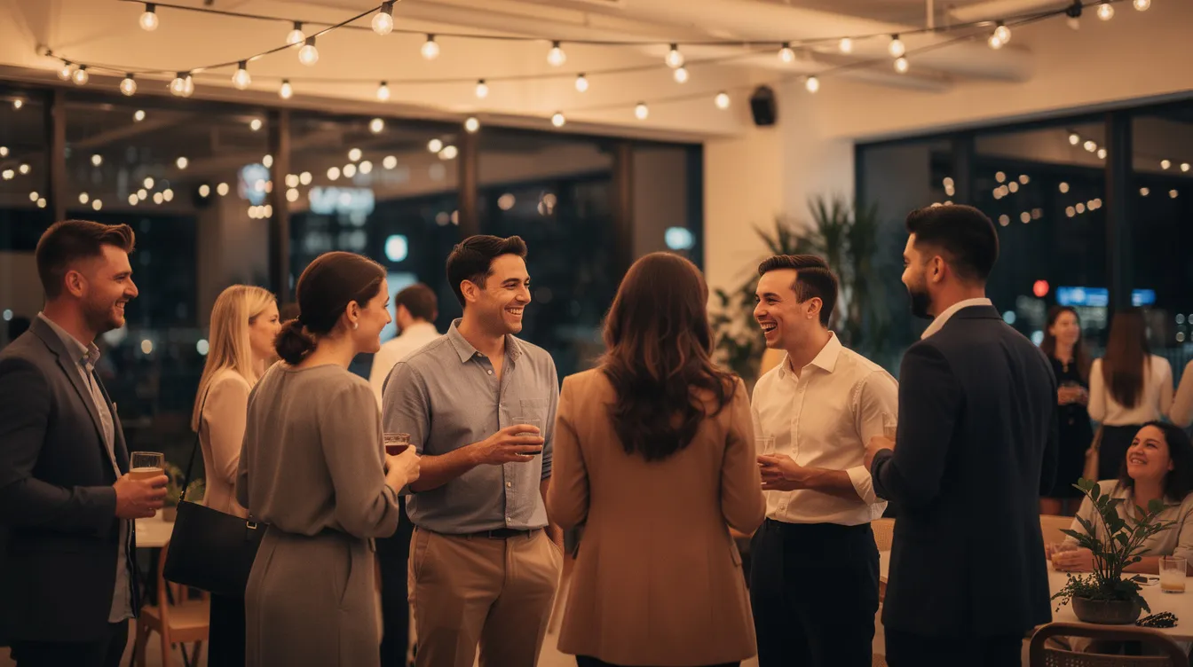A diverse group of young professionals mingles at an indoor social event adorned with string lights, embodying the vibrant dating culture of New York City. The atmosphere is lively, as attendees engage in meaningful conversations, reflecting the city's fast-paced dating scene and the potential for real connections.