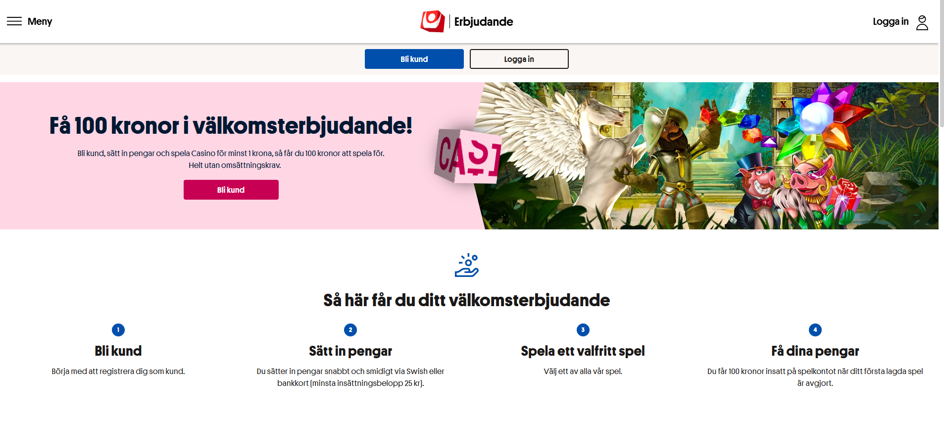 Svenska spel casinos startsida med välkomsterbjudande på 100 kr utan omsättningskrav.
