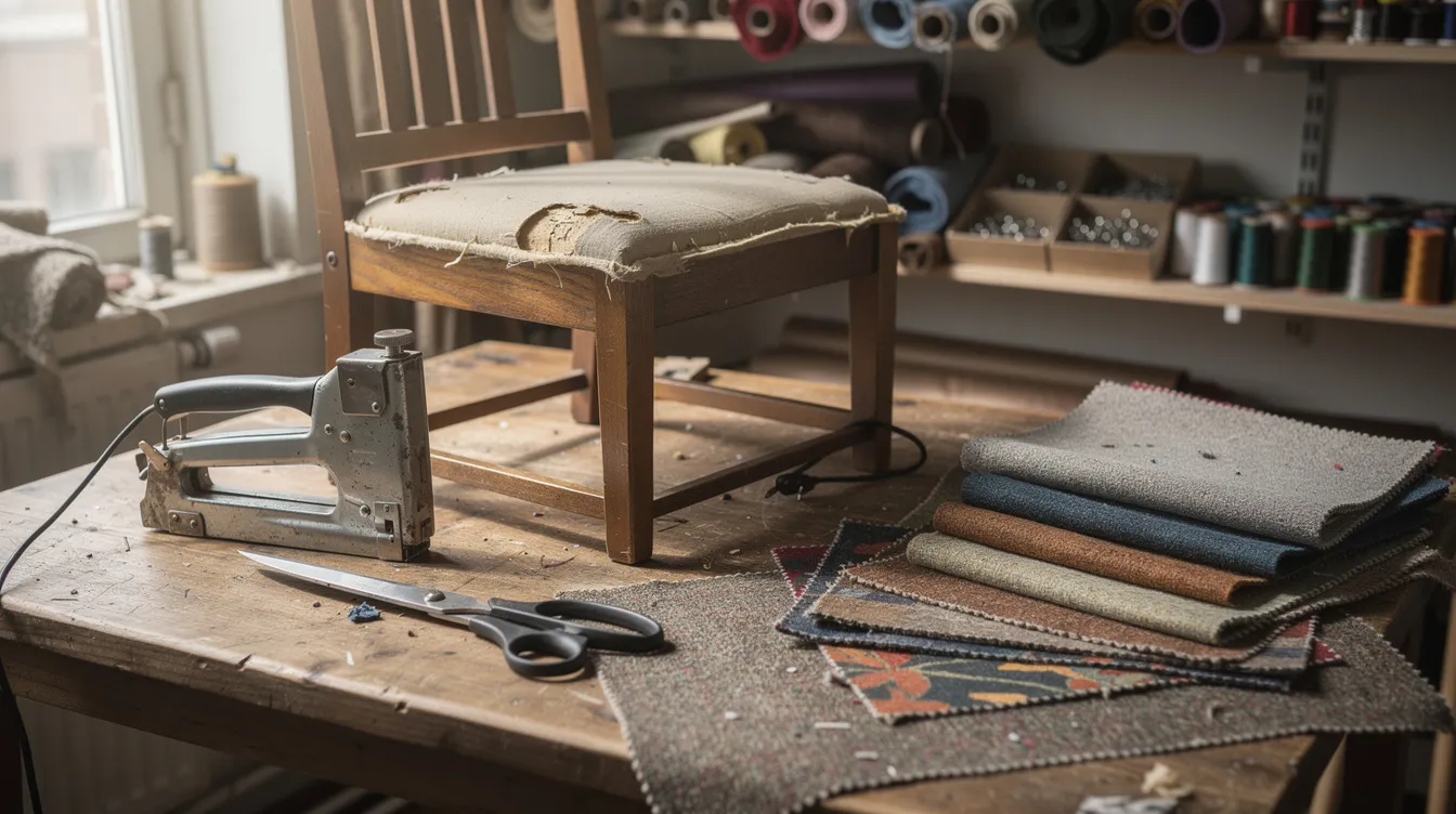 De werkbank van een ervaren stoffeerder toont een nietpistool, een schaar, verschillende stofstalen en een gedemonteerde stoel die wacht op nieuwe bekleding. Deze setting benadrukt het vakmanschap en de aandacht voor detail die nodig zijn om meubels, zoals eetkamerstoelen, opnieuw te bekleden en een compleet nieuwe uitstraling te geven.