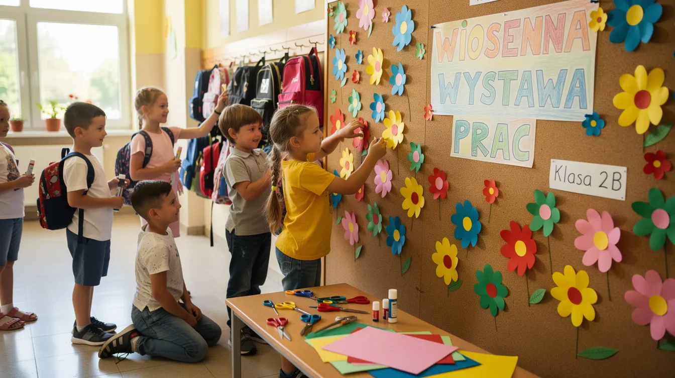 Na dużej tablicy korkowej w szkolnym korytarzu dzieci przyklejają kolorowe papierowe kwiaty, tworząc dekoracje z okazji Dnia Edukacji Narodowej. W tle widać radosne twarze dzieci, kt&oacute;re z zaangażowaniem ozdabiają ścianę.