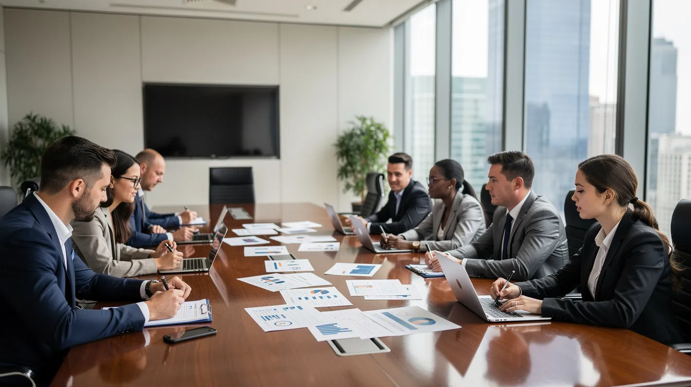 A group of business professionals is seated around a large conference table in a modern office, reviewing documents related to renewable energy projects. The city skyline is visible through the windows, highlighting the energy industry focus of their discussions, which may include topics like project financing and power purchase agreements.