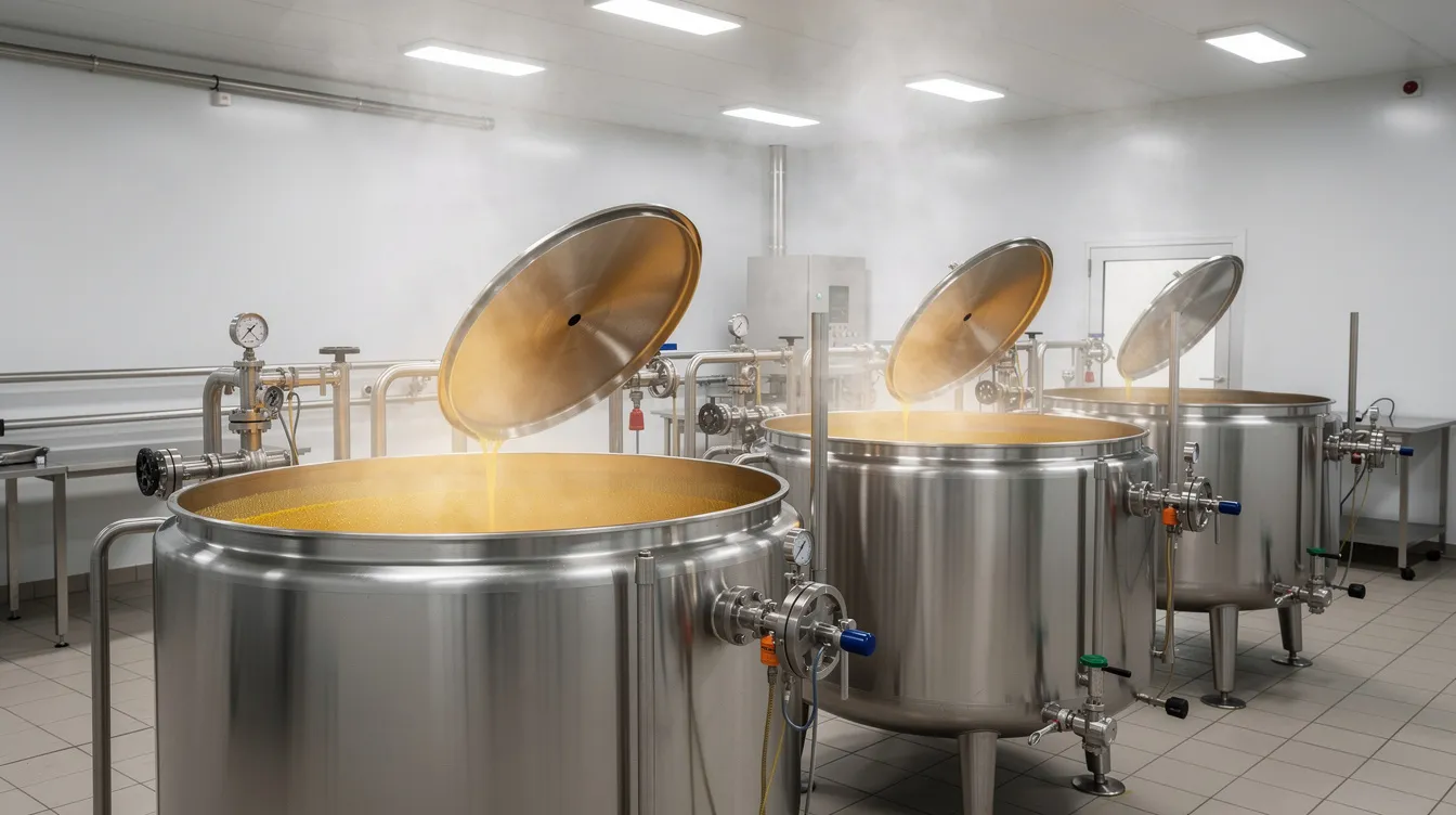 4bb7e246 1b02 4e54 b4a9 0656aea32f24 The image shows stainless steel ghee processing kettles in a modern dairy plant, with steam rising, highlighting the ghee manufacturing process. This efficient setup is crucial for producing high-quality clarified butter, catering to the growing global ghee market.