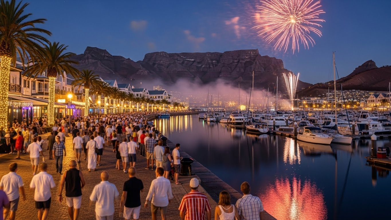 Cape Town’s V&A Waterfront on New Year’s Eve with fireworks over the harbor and Table Mountain in the background.