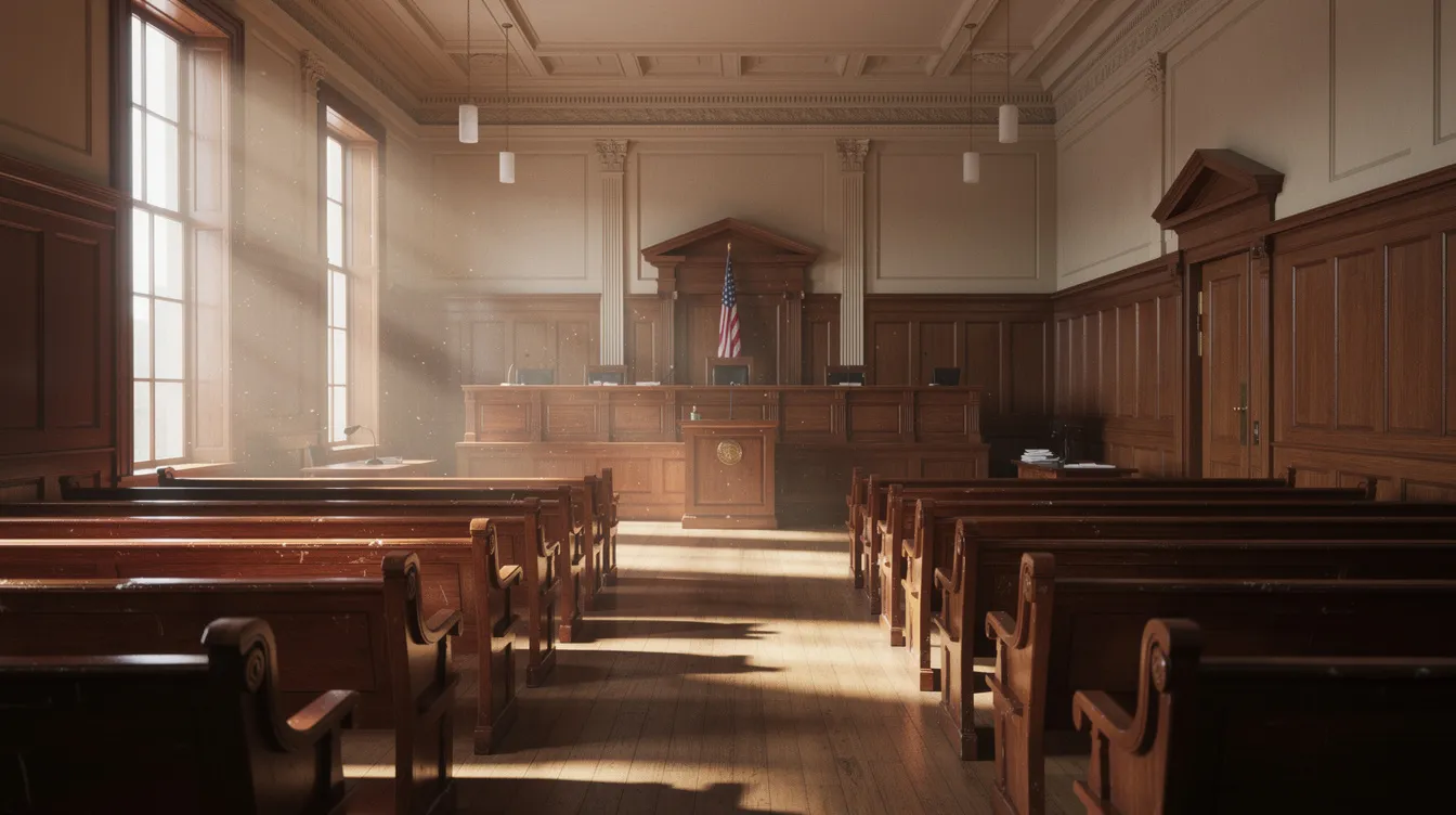 The image depicts the interior of a courtroom featuring wooden benches and natural light filtering in through large windows, creating a solemn atmosphere. This setting is where legal matters, such as those involving merchant cash advances and mca agreements, are addressed by attorneys and clients.
