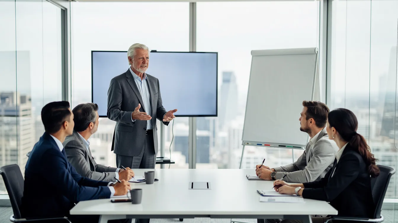 A veteran business leader engages with a small team in a modern office, sharing insights and expertise to foster their professional growth and development. The atmosphere reflects a culture of collaboration and learning, emphasizing the importance of teamwork and commitment to success.