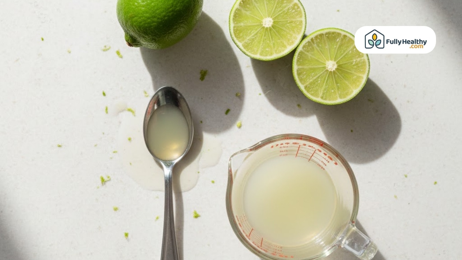 Overhead view of lime juice in spoon and measuring cup with cut limes
