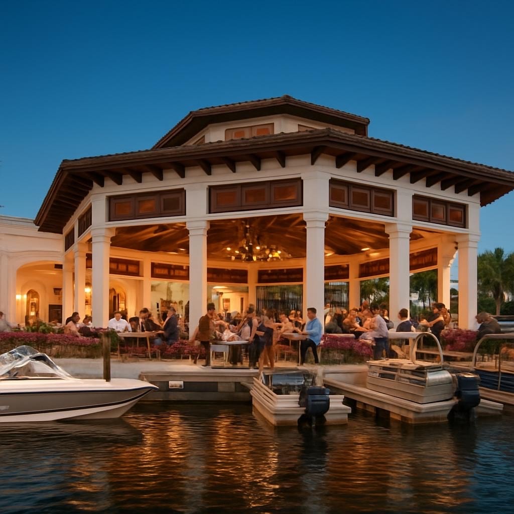 The image depicts luxury homes situated along a championship golf course, with stunning views of contiguous aquamarine freshwater lakes in the background. This vibrant community, known for its private white sand beaches and upscale amenities, embodies the essence of waterfront living in Miromar Lakes, Florida.
