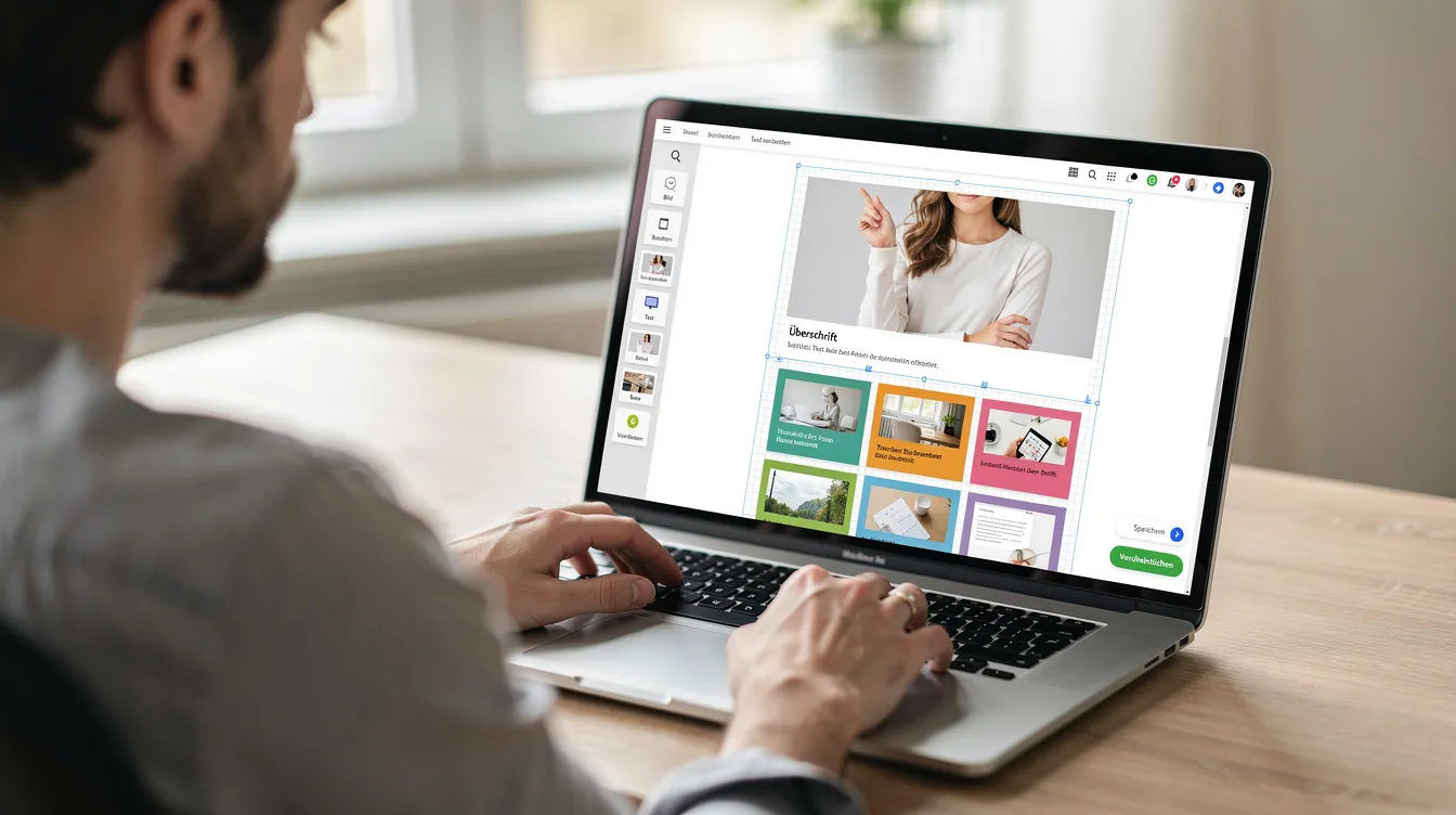 Eine Person sitzt an einem Tisch und arbeitet an einem Laptop, um eine Website mithilfe eines visuellen Editors zu gestalten. Auf dem Bildschirm sind verschiedene Menüs und Werkzeuge sichtbar, die den Aufbau der Seite erleichtern, während im Hintergrund eine moderne Büroumgebung zu sehen ist.