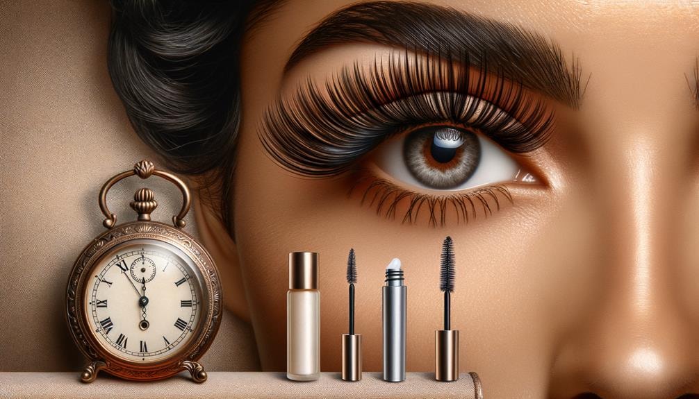 a close-up image of a woman's eye with beautifully lifted eyelashes, a stopwatch indicating time duration, and a variety of eyelash care products like serum and mascara.