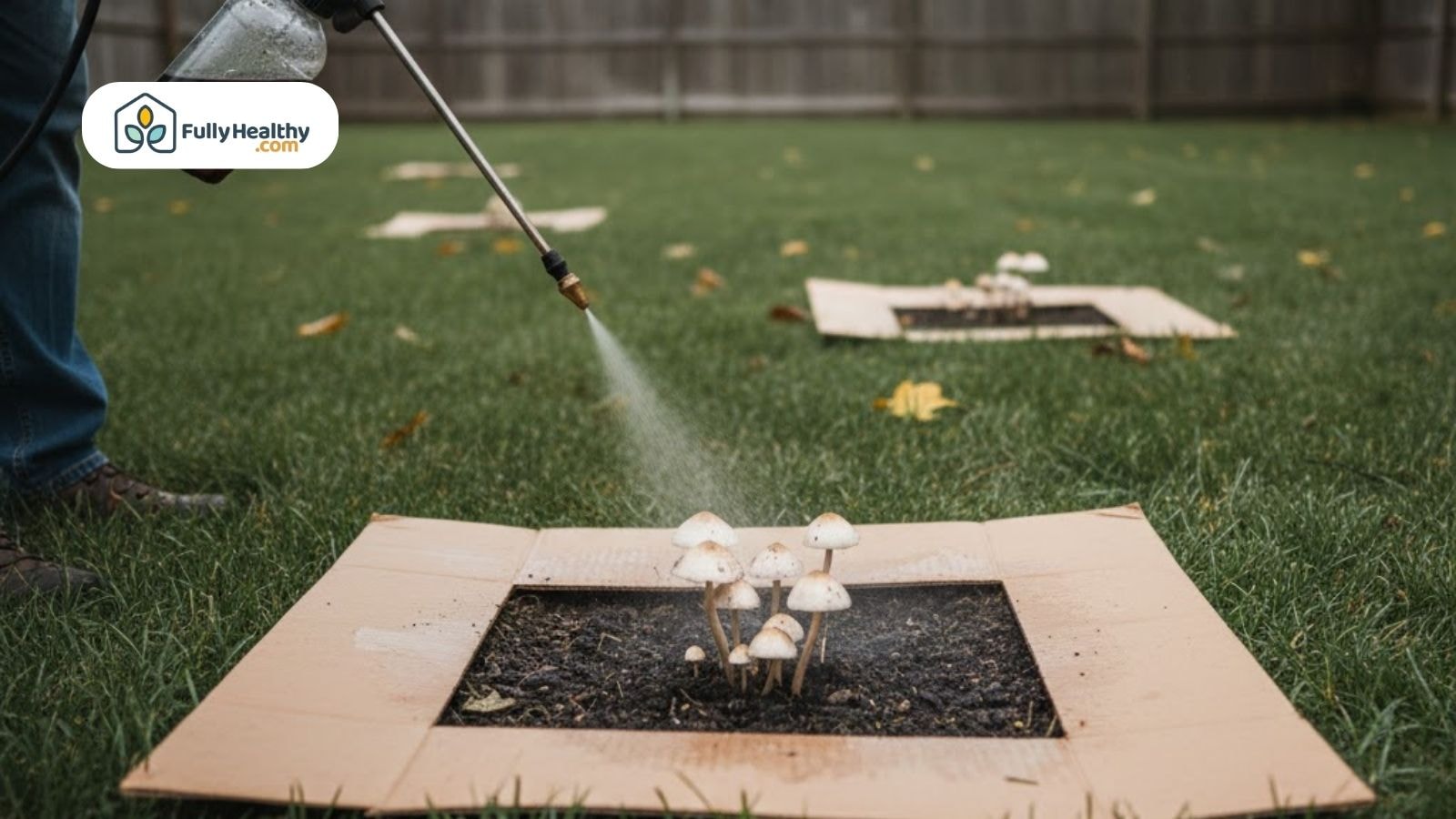 Person spraying mushrooms in yard using DIY vinegar treatment method