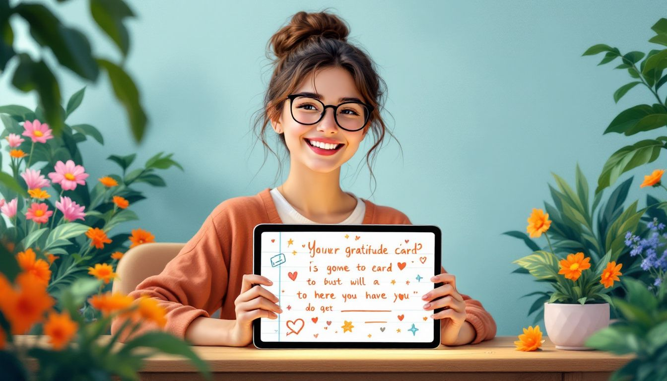 An individual presenting a digital gratitude card on a tablet, illustrating creative ways to express gratitude.