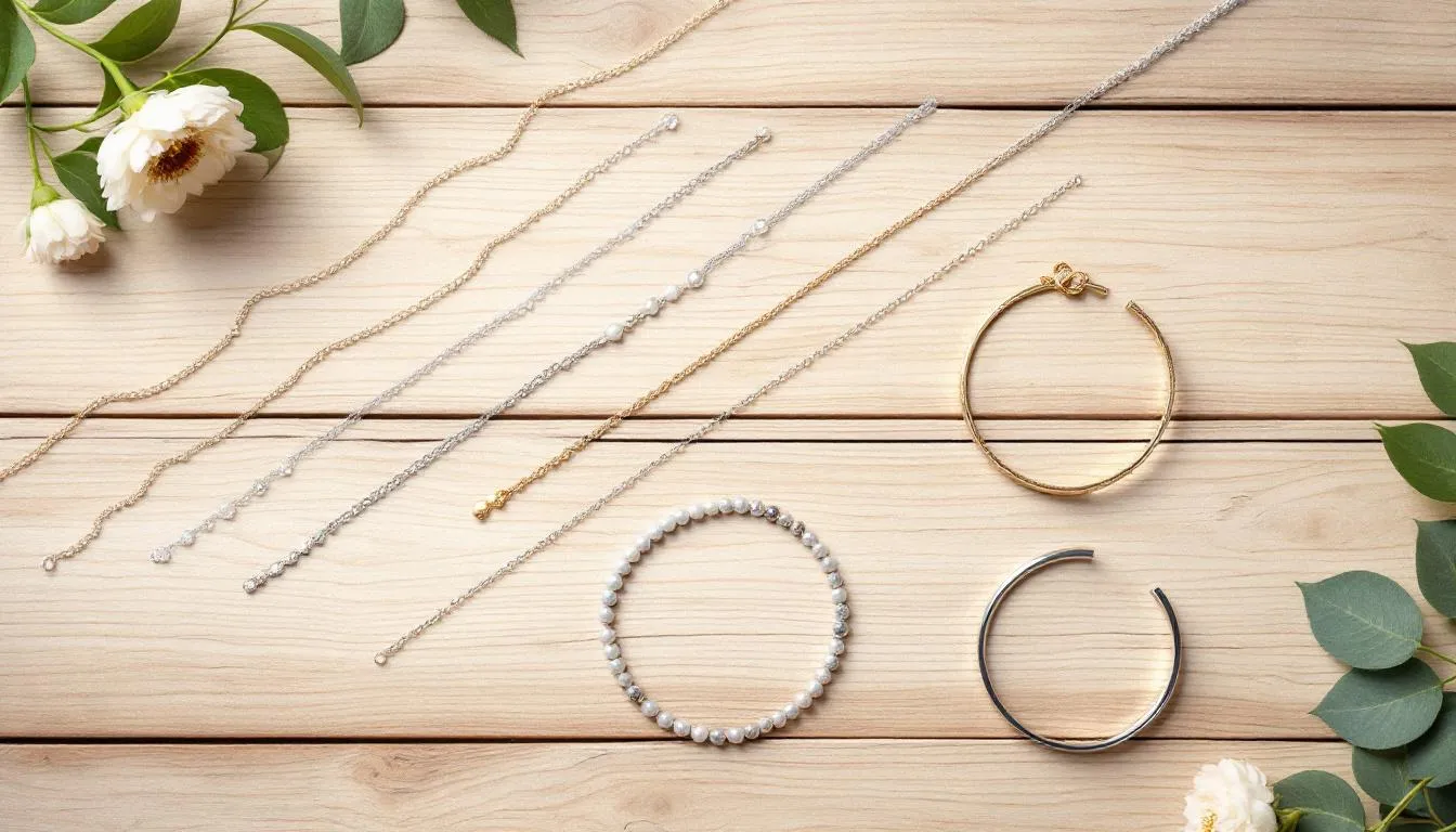 An elegant display of various anklets, including silver and gold options, showcases a stunning range of styles perfect for any occasion. The collection features intricate designs such as heart anklets and beaded pieces, ideal for elevating your outfit with charm and sparkle.