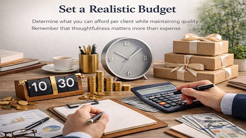 Setting a realistic corporate gifting budget with a calculator, notes, and gift boxes to plan client gift spending.
