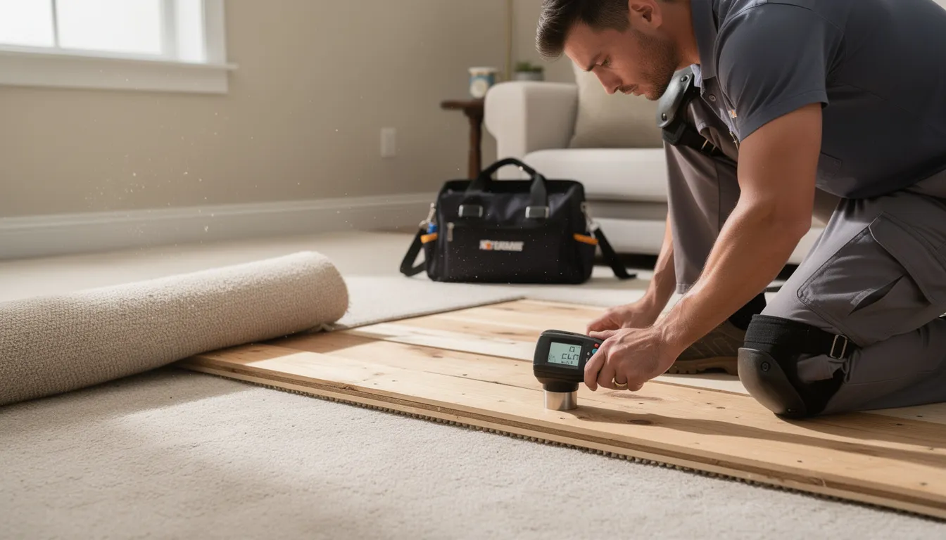 A technician is kneeling beside an exposed subfloor, using a moisture detection meter to assess the area while a portion of the carpet is pulled back. This inspection is part of the process to identify and eliminate pet urine odors and other unpleasant smells from the home.