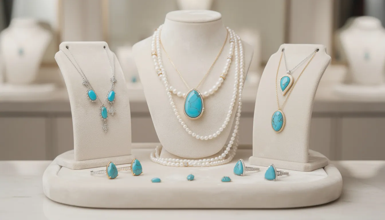 The image features an elegant collection of turquoise gemstone necklaces, showcasing various styles including sterling silver and gold vermeil designs. These beautiful pieces are adorned with intricate details and are perfect for adding a vibrant pop of color to any wardrobe.