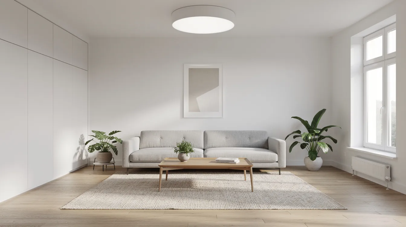 Ett modernt skandinaviskt vardagsrum med en rund vit plafond som sitter tätt mot taket, vilket ger en diskret och stilren belysning. Rummet har en ljus och luftig känsla, perfekt för att skapa en hemtrevlig atmosfär.
