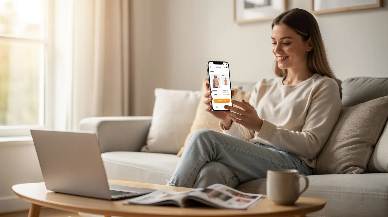 A shopper is seen browsing an online store on their mobile phone while seated in a bright and inviting home environment, highlighting the convenience of the online shopping experience. The scene reflects a modern lifestyle, encouraging potential customers to explore high-quality product images and detailed descriptions on effective ecommerce product pages.