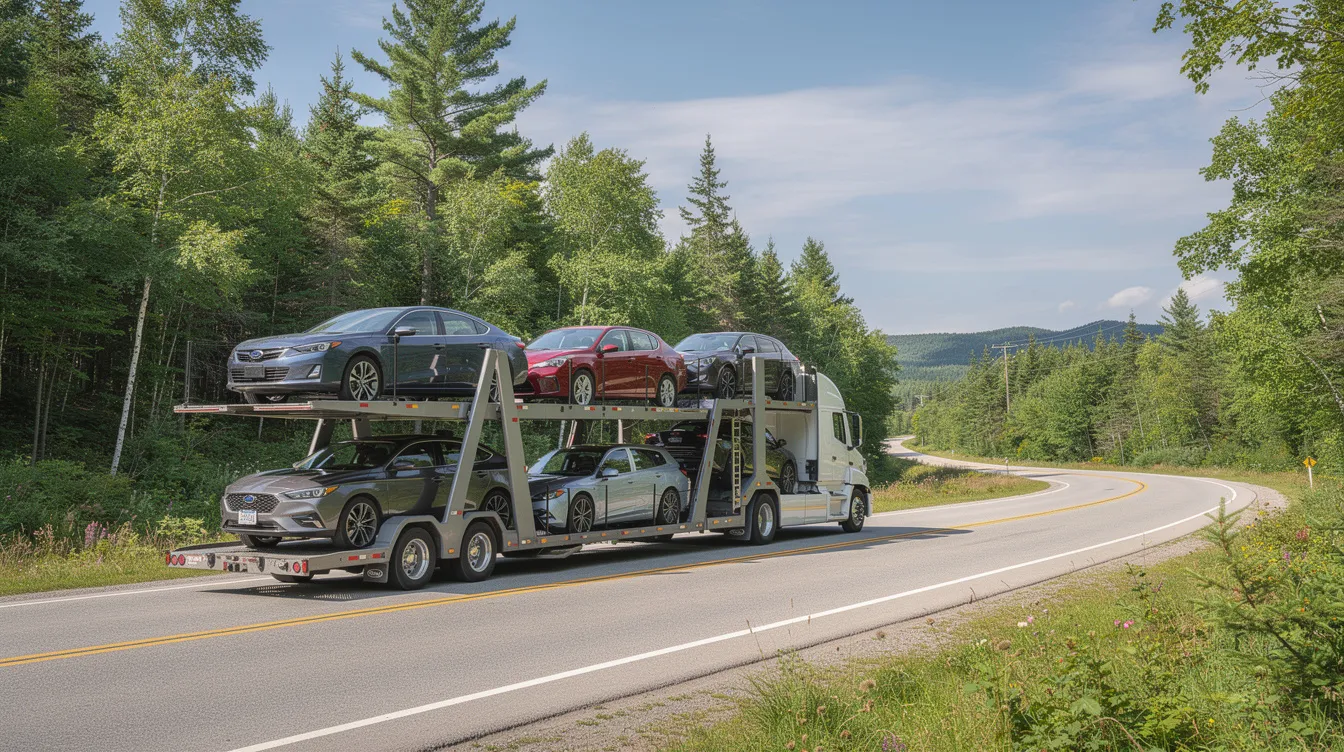A car carrier truck is seen traveling along a scenic highway, surrounded by lush forests in the picturesque landscape of Maine. This image highlights the vehicle transport industry, emphasizing the beauty of Maine while showcasing auto transport services on the open road.