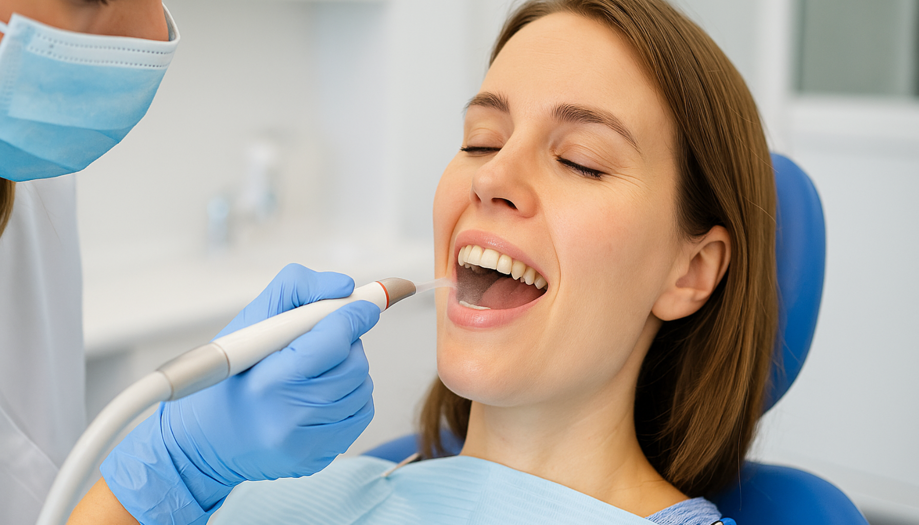 Kvinne får skånsom AirFlow-tannrens hos tannpleier i moderne klinikk, smilende og avslappet.