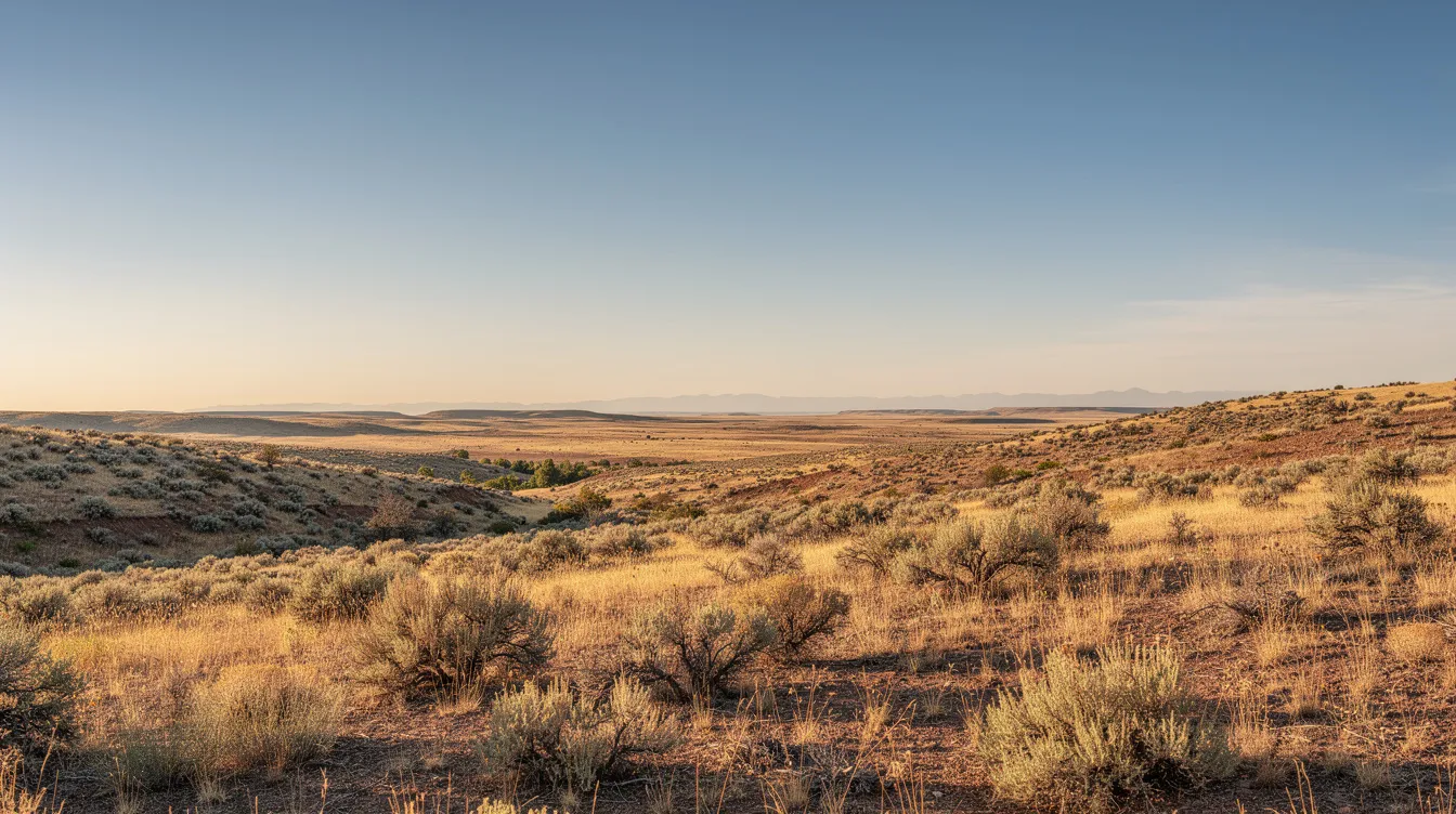 The image depicts a vast, open Western American landscape characterized by rolling hills and a clear horizon, evoking a sense of tranquility and freedom often associated with the region. This serene environment contrasts with discussions around state gun laws and gun violence prevention, highlighting the importance of responsible firearm ownership and safety in such picturesque settings.