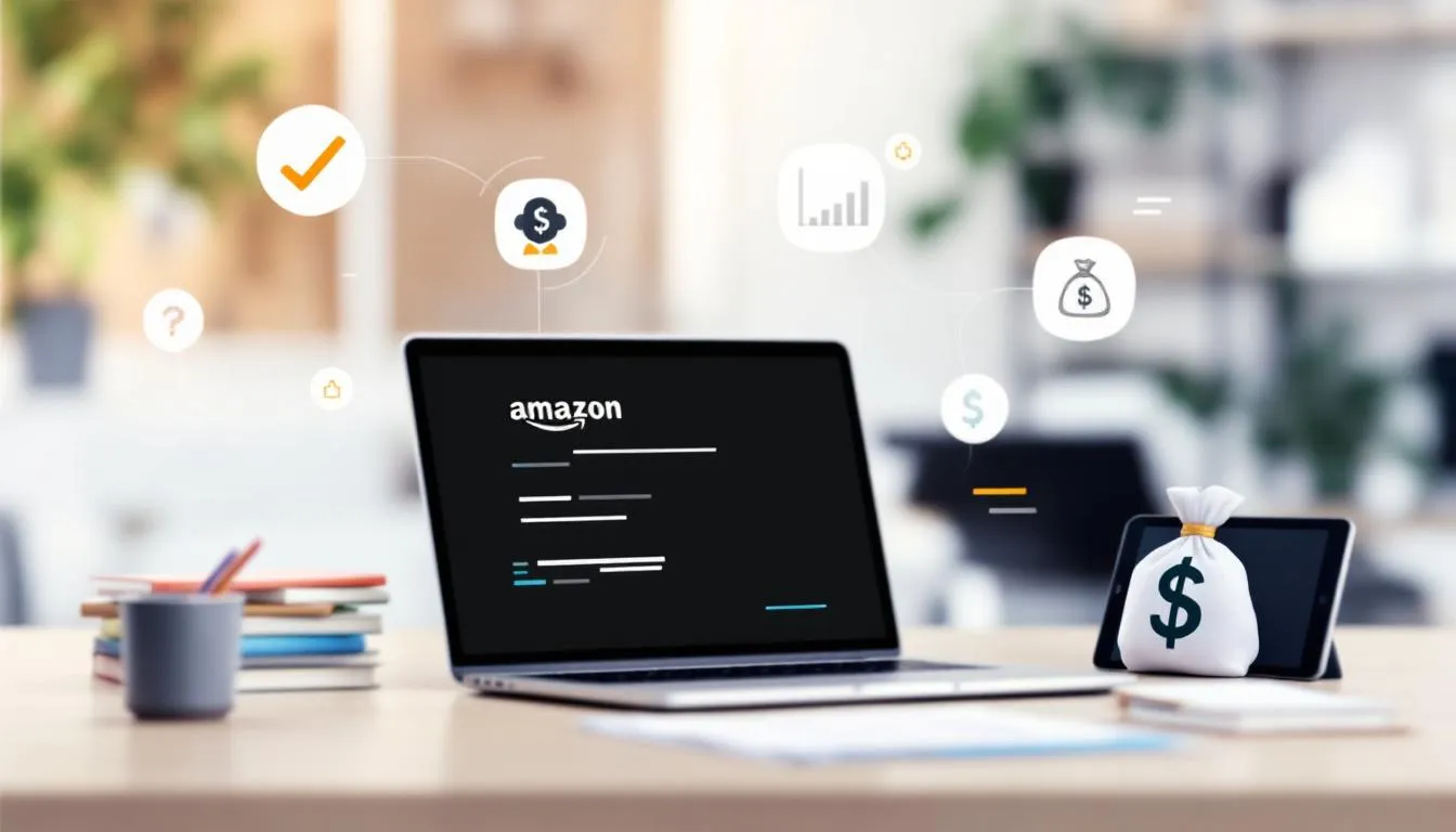 A blurred image of an Amazon seller's workspace, highlighting the use of Mudra loans for business.
