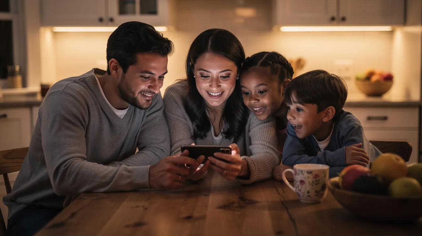 A family is gathered around a kitchen table, intently looking at a phone together, likely discussing financial matters such as international payments or euro transfers. The warm atmosphere suggests they are sharing important information about sending or receiving money, possibly related to SEPA or SWIFT payments.