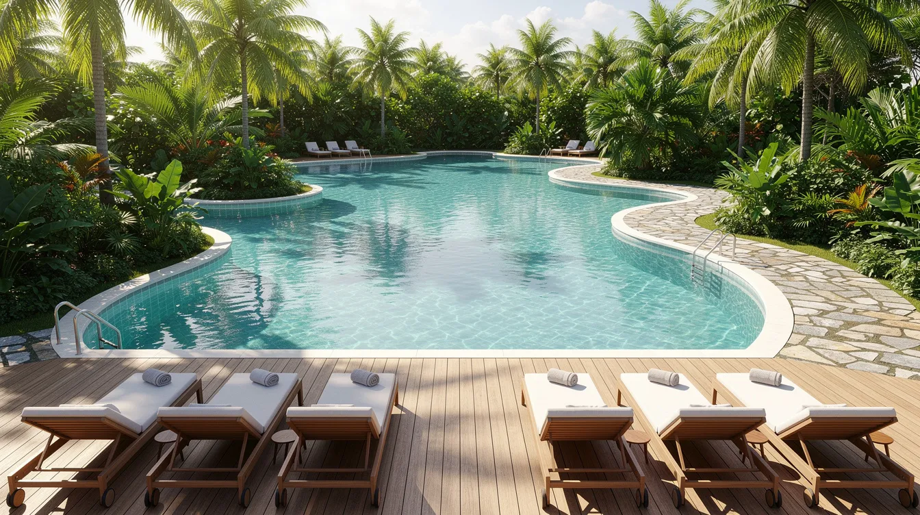 The image features a serene resort swimming pool set against a backdrop of lush tropical plants, with stylish wooden deck loungers arranged around its perimeter. Stone pathways meander through the area, creating an inviting atmosphere perfect for relaxation in a luxury hotel environment.
