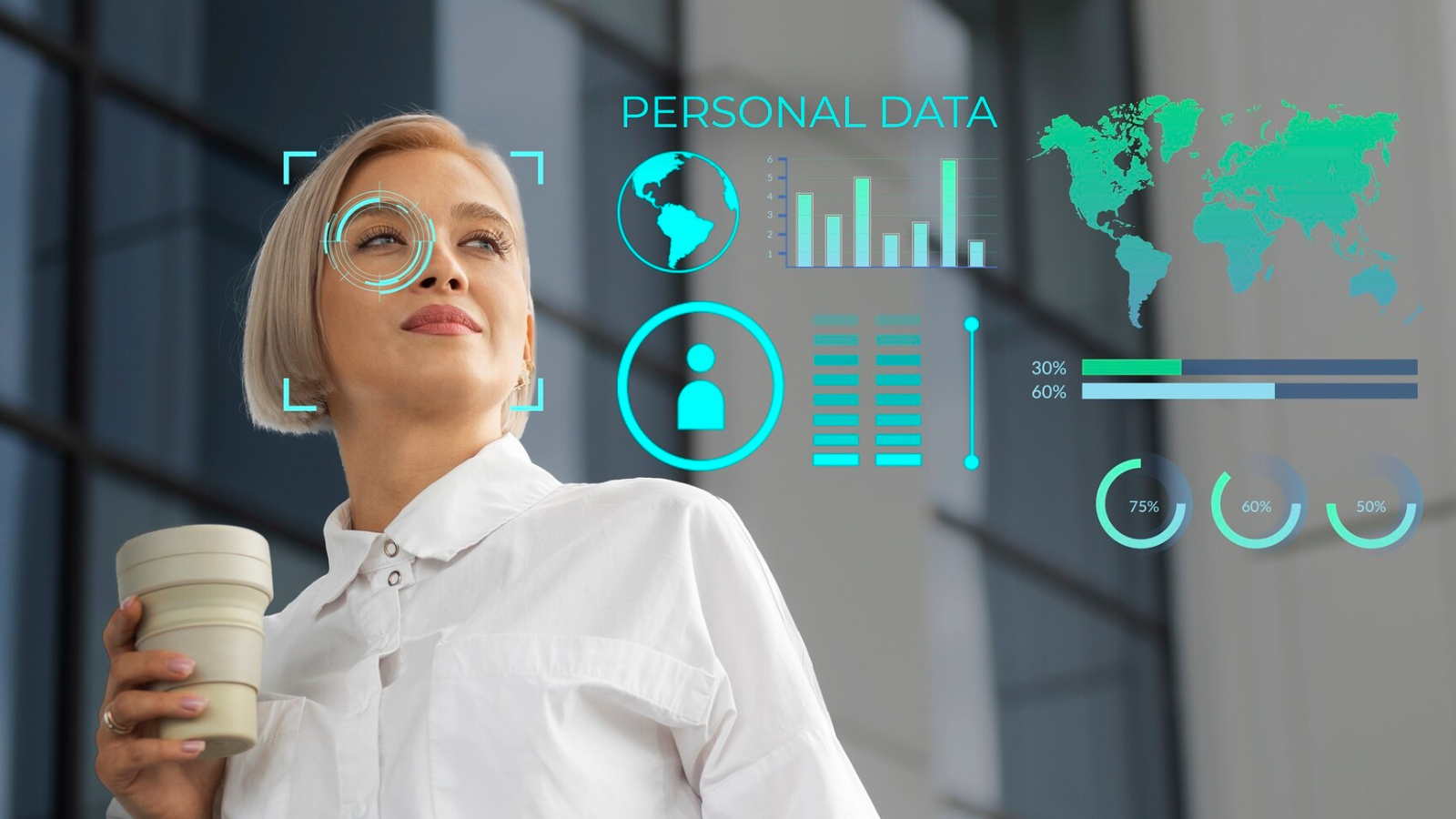 Professional woman with digital data overlays, symbolizing deep insights into the target audience you can achieve with a little research.