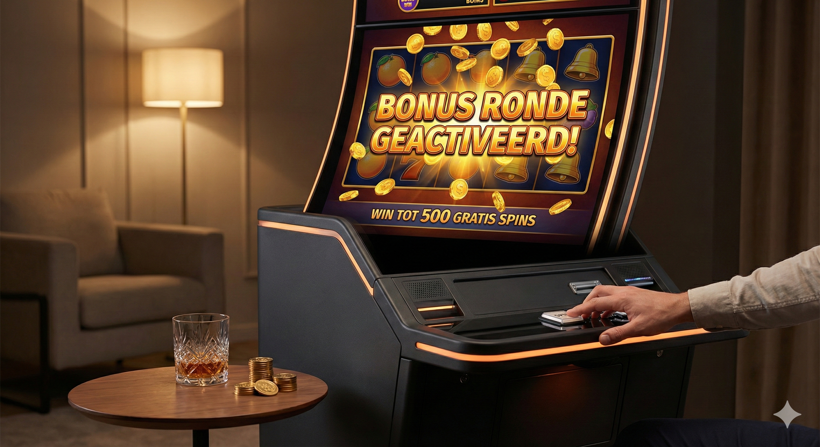 Bonusronde geactiveerd bij online slot, casinospel met win tot 500 gratis spins, speelautomaat met munten en speler die speelt.