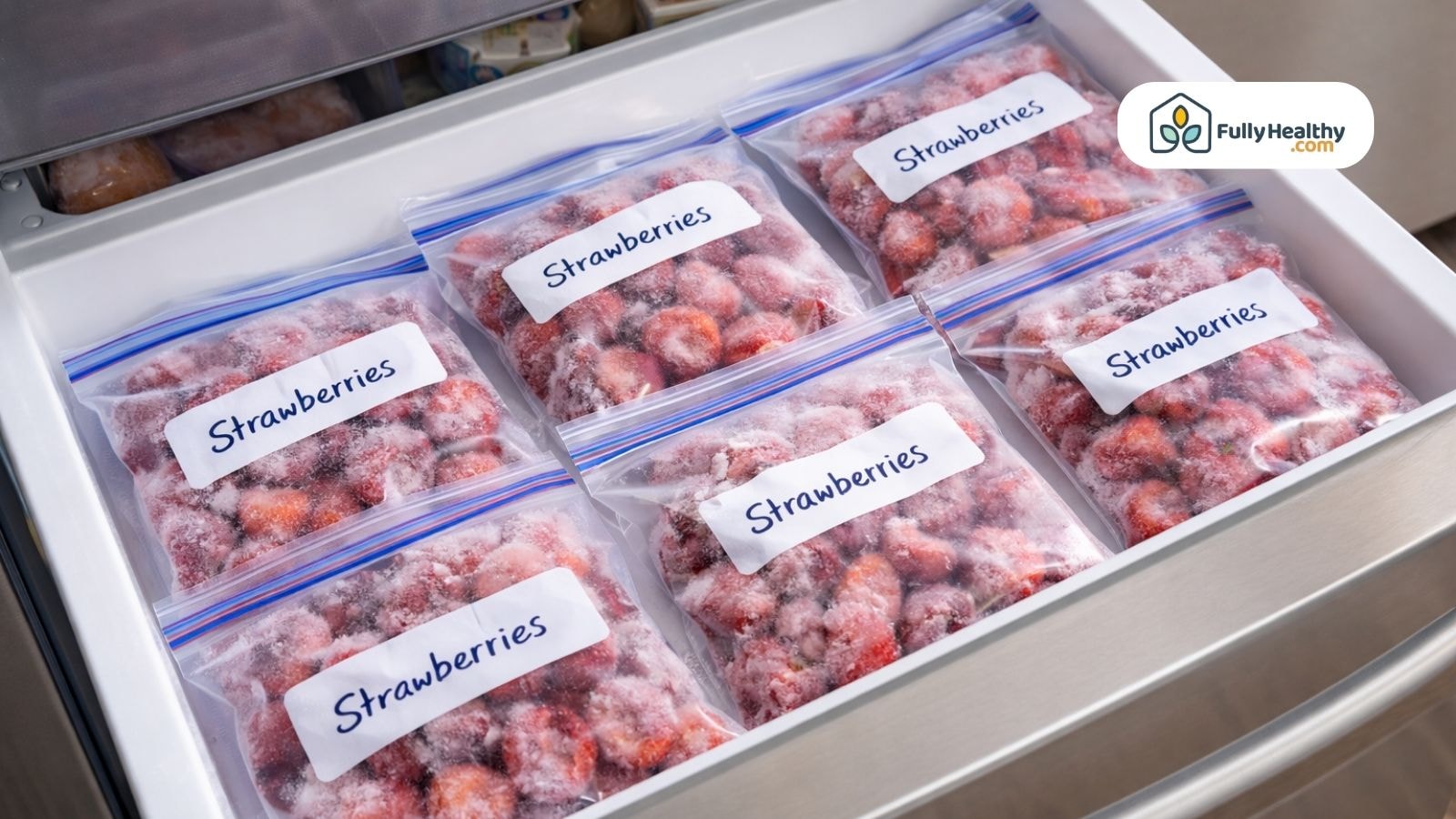 Freezer drawer filled with labeled bags of frozen strawberries