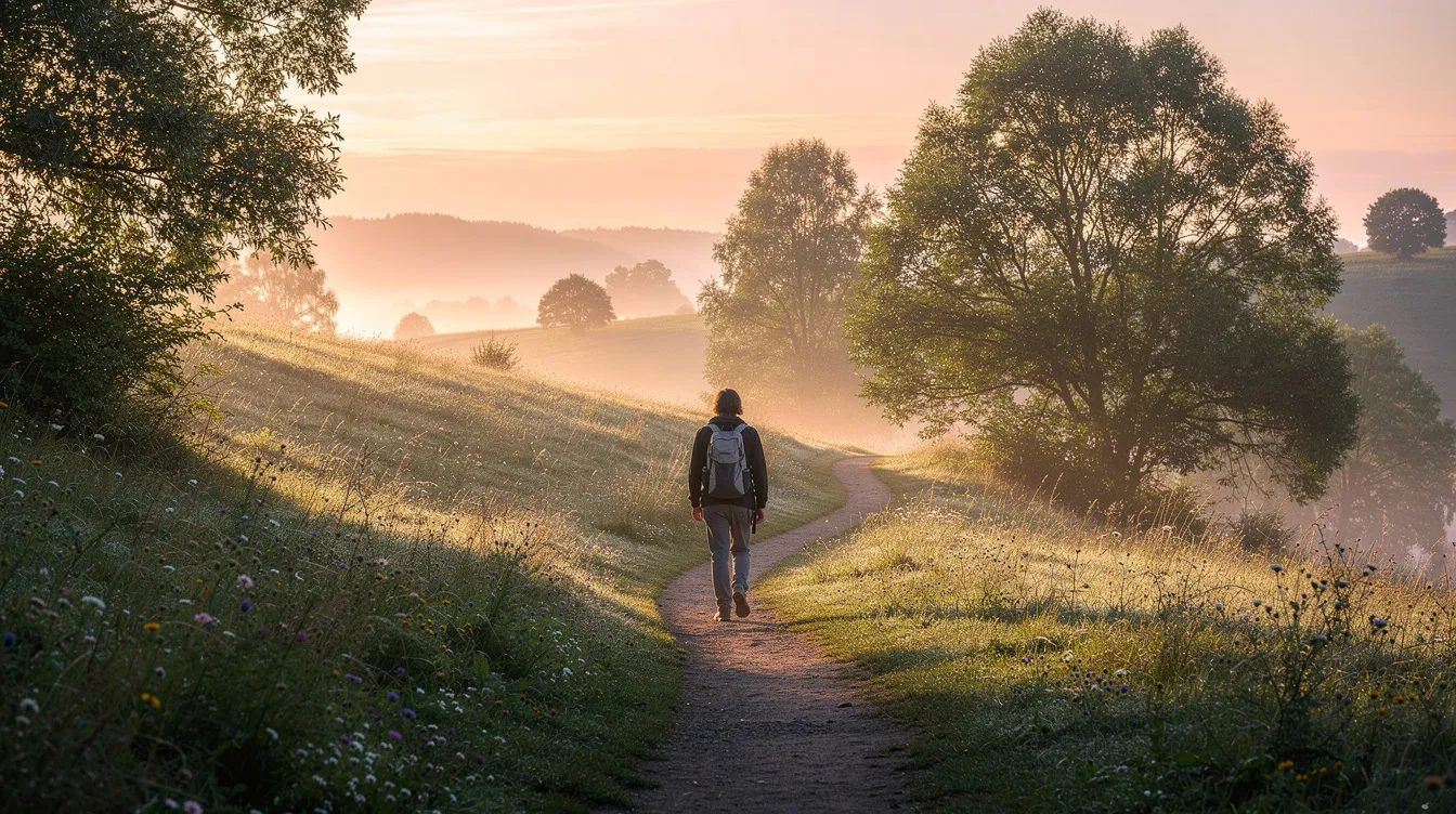 A person walks peacefully along a nature path at sunrise, symbolizing a moment of self-reflection and clarity amidst life's challenges. This serene scene can evoke feelings of hope and the possibility of making important decisions, such as navigating the divorce process or seeking professional help for a healthier relationship.
